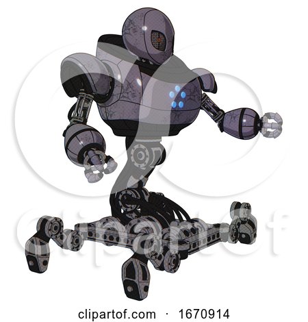Cyborg Containing Grey Alien Style Head and Metal Grate Eyes and Heavy Upper Chest and Circle of Blue Leds and Insect Walker Legs. Light Lavender Metal. Interacting. by Leo Blanchette