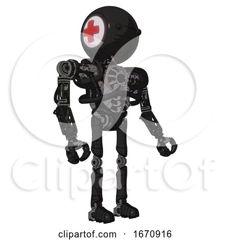 Bot Containing Round Head and First Aid Emblem and Heavy Upper Chest and No Chest Plating and Ultralight Foot Exosuit and Cat Face. Toon Black Scribbles Sketch. Facing Left View. by Leo Blanchette