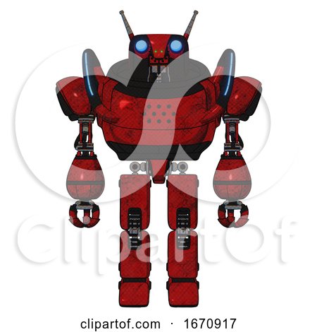 Automaton Containing Dual Retro Camera Head and Cyborg Antenna Head and Heavy Upper Chest and Blue Strip Lights and Prototype Exoplate Legs. Red Blood Grunge Material. Front View. by Leo Blanchette