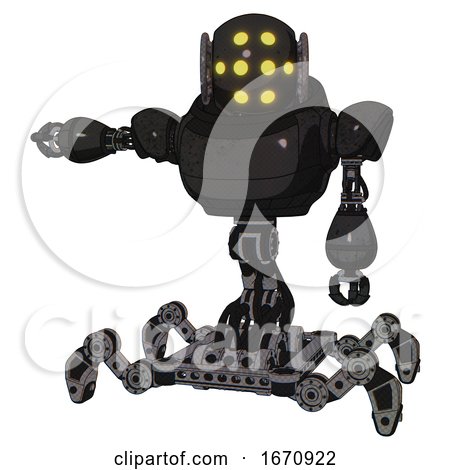 Droid Containing Round Head and Yellow Eyes Array and Heavy Upper Chest and Insect Walker Legs. Dirty Black. Arm out Holding Invisible Object.. by Leo Blanchette