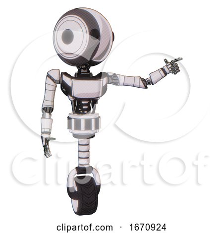 Cyborg Containing Round Head and Maru Eyes and Light Chest Exoshielding and Ultralight Chest Exosuit and Unicycle Wheel. White Halftone Toon. Pointing Left or Pushing a Button.. by Leo Blanchette