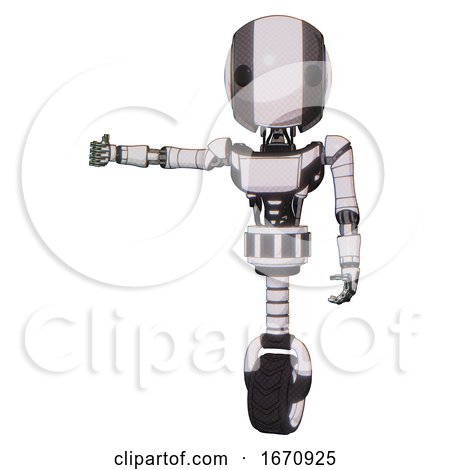Cyborg Containing Round Head and Maru Eyes and Light Chest Exoshielding and Ultralight Chest Exosuit and Unicycle Wheel. White Halftone Toon. Arm out Holding Invisible Object.. by Leo Blanchette