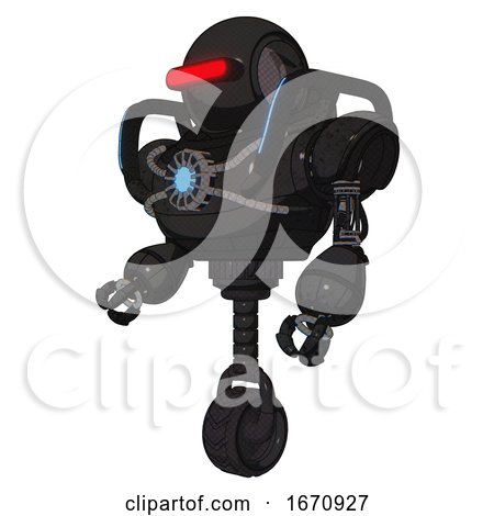 Cyborg Containing Round Head and Horizontal Red Visor and Heavy Upper Chest and Chest Blue Energy Core and Blue Strip Lights and Unicycle Wheel. Dirty Black. Facing Right View. by Leo Blanchette