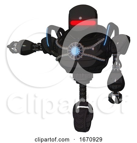 Cyborg Containing Round Head and Horizontal Red Visor and Heavy Upper Chest and Chest Blue Energy Core and Blue Strip Lights and Unicycle Wheel. Dirty Black. Arm out Holding Invisible Object.. by Leo Blanchette
