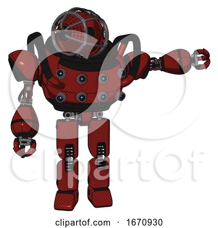 Mech Containing Oval Wide Head and Barbed Wire Cage Helmet and Heavy Upper Chest and Chest Energy Sockets and Prototype Exoplate Legs. Matted Red. Pointing Left or Pushing a Button.. by Leo Blanchette