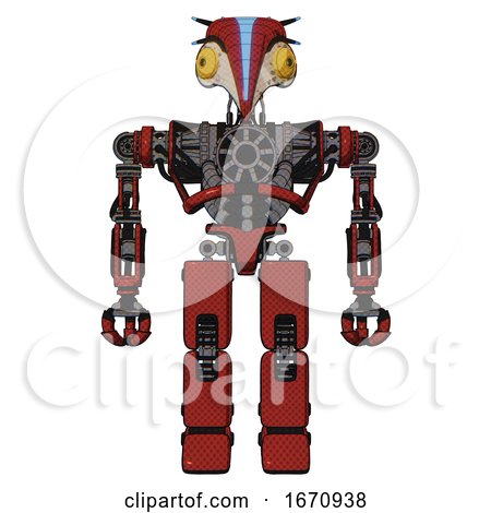 Automaton Containing Bird Skull Head and Brass Steampunk Eyes and Head Shield Design and Heavy Upper Chest and No Chest Plating and Prototype Exoplate Legs. Cherry Tomato Red. Front View. by Leo Blanchette