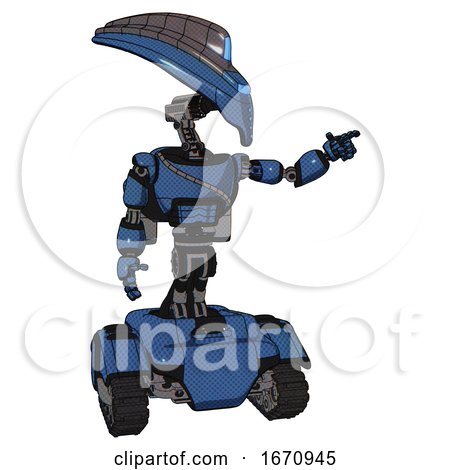 Bot Containing Flat Elongated Skull Head and Visor and Light Chest Exoshielding and Cable Sash and Rocket Pack and Tank Tracks. Blue Halftone. Pointing Left or Pushing a Button.. by Leo Blanchette
