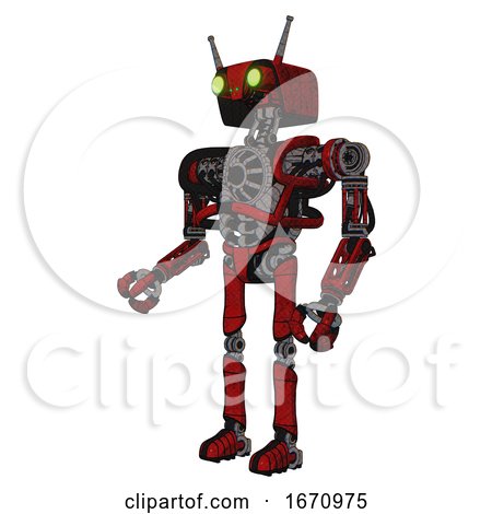 Robot Containing Dual Retro Camera Head and Cyborg Antenna Head and Heavy Upper Chest and No Chest Plating and Ultralight Foot Exosuit. Red Blood Grunge Material. Facing Right View. by Leo Blanchette