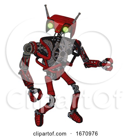 Robot Containing Dual Retro Camera Head and Cyborg Antenna Head and Heavy Upper Chest and No Chest Plating and Ultralight Foot Exosuit. Red Blood Grunge Material. Fight or Defense Pose.. by Leo Blanchette