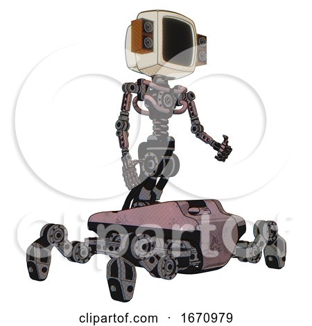 Cyborg Containing Old Computer Monitor and Old Retro Speakers and Light Chest Exoshielding and No Chest Plating and Insect Walker Legs. Grayish Pink. Facing Left View. by Leo Blanchette