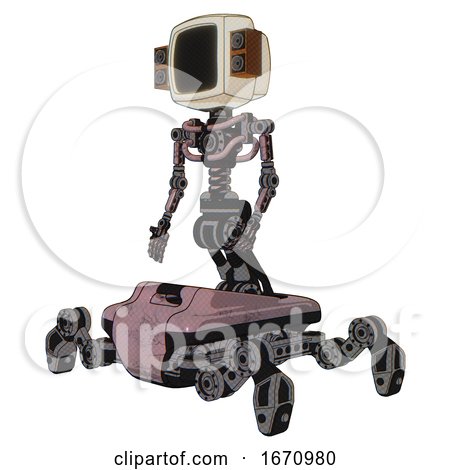 Cyborg Containing Old Computer Monitor and Old Retro Speakers and Light Chest Exoshielding and No Chest Plating and Insect Walker Legs. Grayish Pink. Facing Right View. by Leo Blanchette