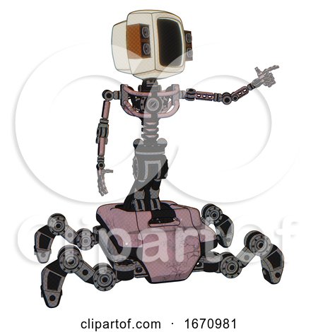 Cyborg Containing Old Computer Monitor and Old Retro Speakers and Light Chest Exoshielding and No Chest Plating and Insect Walker Legs. Grayish Pink. Pointing Left or Pushing a Button.. by Leo Blanchette