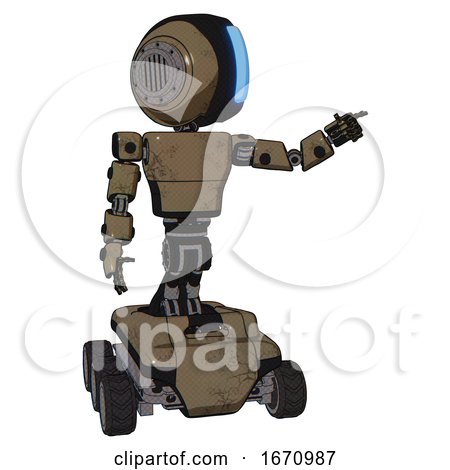 Bot Containing Round Head and Large Vertical Visor and Light Chest Exoshielding and Prototype Exoplate Chest and Six-wheeler Base. Desert Tan Painted. Pointing Left or Pushing a Button.. by Leo Blanchette