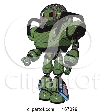 Robot Containing Oval Wide Head and Small Red Led Eyes and Barbed Wire Cage Helmet and Heavy Upper Chest and Light Leg Exoshielding and Megneto-hovers Foot Mod. Grass Green. Facing Right View. by Leo Blanchette