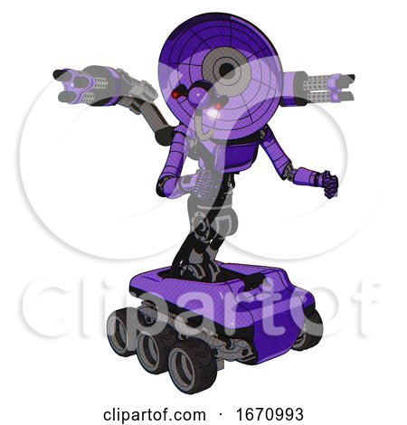 Bot Containing Dual Retro Camera Head and Satellite Dish Head and Light Chest Exoshielding and Ultralight Chest Exosuit and Minigun Back Assembly and Six-wheeler Base. Secondary Purple Halftone. by Leo Blanchette