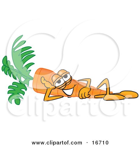 Clipart Picture of an Orange Carrot Mascot Cartoon Character Relaxing and Resting His Head on His Arm While Lying on His Side by Mascot Junction