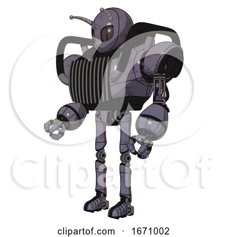 Robot Containing Grey Alien Style Head and Metal Grate Eyes and Bug Antennas and Heavy Upper Chest and Chest Vents and Ultralight Foot Exosuit. Light Lavender Metal. Facing Right View. by Leo Blanchette