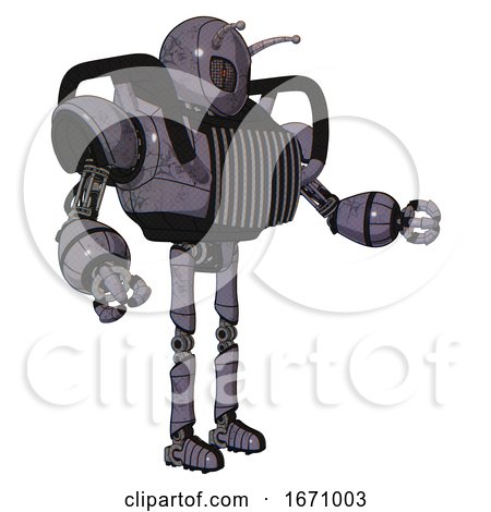 Robot Containing Grey Alien Style Head and Metal Grate Eyes and Bug Antennas and Heavy Upper Chest and Chest Vents and Ultralight Foot Exosuit. Light Lavender Metal. Interacting. by Leo Blanchette