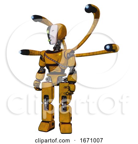 Mech Containing Humanoid Face Mask and Two-face Black White Mask and Light Chest Exoshielding and Cable Sash and Blue-eye Cam Cable Tentacles and Prototype Exoplate Legs. Worn Construction Yellow. by Leo Blanchette