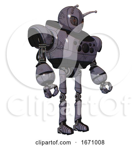 Droid Containing Grey Alien Style Head and Metal Grate Eyes and Bug Antennas and Heavy Upper Chest and Chest Compound Eyes and Ultralight Foot Exosuit. Light Lavender Metal. Facing Left View. by Leo Blanchette