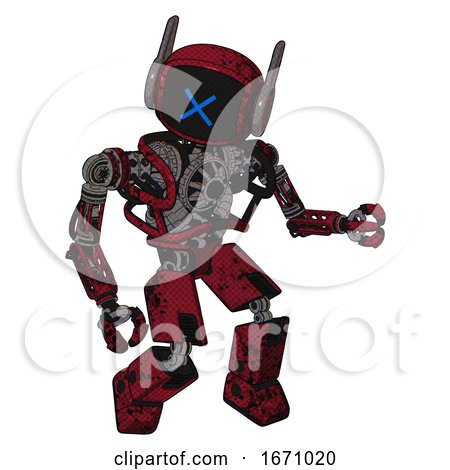 Robot Containing Digital Display Head and X Face and Winglets and Heavy Upper Chest and No Chest Plating and Prototype Exoplate Legs. Grunge Dots Royal Red. Fight or Defense Pose.. by Leo Blanchette