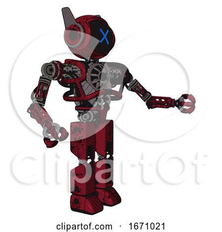 Robot Containing Digital Display Head and X Face and Winglets and Heavy Upper Chest and No Chest Plating and Prototype Exoplate Legs. Grunge Dots Royal Red. Interacting. by Leo Blanchette