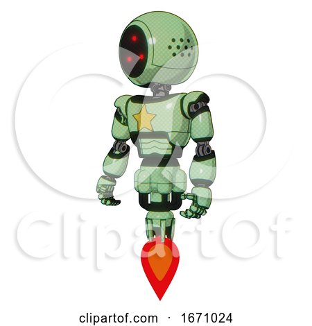 Mech Containing Three Led Eyes Round Head and Light Chest Exoshielding and Yellow Star and Jet Propulsion. Green Tint Toon. Standing Looking Right Restful Pose. by Leo Blanchette