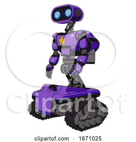 Droid Containing Dual Retro Camera Head and Cute Retro Robo Head and Light Chest Exoshielding and Yellow Star and Rocket Pack and Tank Tracks. Secondary Purple Halftone. Facing Right View. by Leo Blanchette