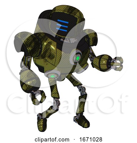 Droid Containing Digital Display Head and Three Horizontal Line Design and Heavy Upper Chest and Chest Green Energy Cores and Ultralight Foot Exosuit. Grunge Army Green. Fight or Defense Pose.. by Leo Blanchette