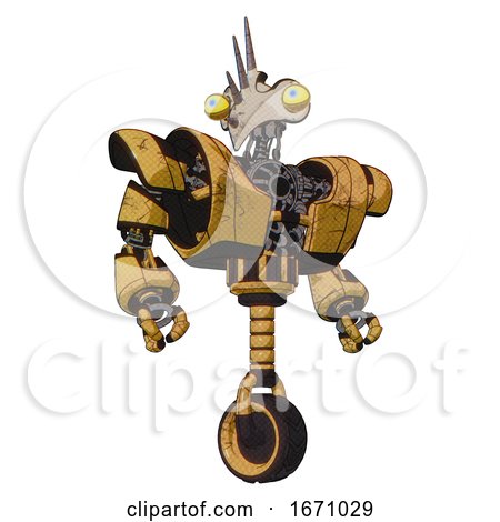 Bot Containing Bird Skull Head and Big Yellow Eyes and Heavy Upper Chest and Heavy Mech Chest and Unicycle Wheel. Construction Yellow Halftone. Hero Pose. by Leo Blanchette