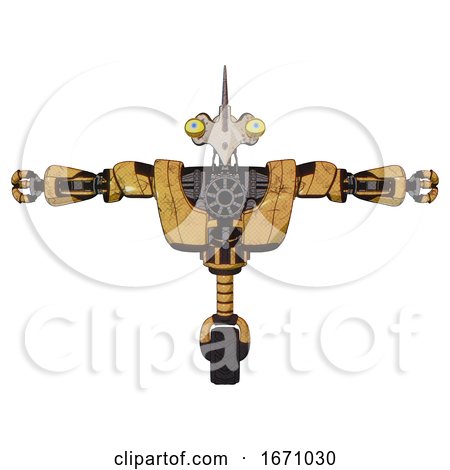 Bot Containing Bird Skull Head and Big Yellow Eyes and Heavy Upper Chest and Heavy Mech Chest and Unicycle Wheel. Construction Yellow Halftone. T-pose. by Leo Blanchette
