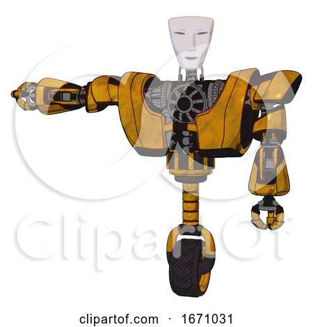 Droid Containing Humanoid Face Mask and Heavy Upper Chest and Heavy Mech Chest and Unicycle Wheel. Worn Construction Yellow. Arm out Holding Invisible Object.. by Leo Blanchette
