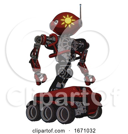 Android Containing Oval Wide Head and Sunshine Patch Eye and Retro Antenna with Light and Heavy Upper Chest and No Chest Plating and Six-wheeler Base. Matted Red. Hero Pose. by Leo Blanchette