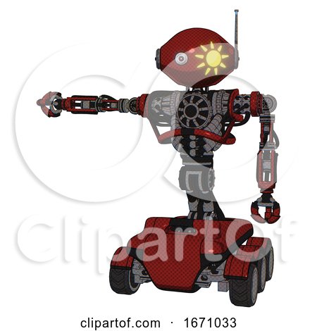Android Containing Oval Wide Head and Sunshine Patch Eye and Retro Antenna with Light and Heavy Upper Chest and No Chest Plating and Six-wheeler Base. Matted Red. Arm out Holding Invisible Object.. by Leo Blanchette