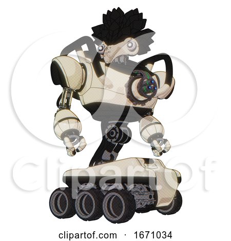 Android Containing Bird Skull Head and White Eyeballs and Crow Feather Design and Heavy Upper Chest and Chest Energy Gun and Six-wheeler Base. off White Toon. Hero Pose. by Leo Blanchette