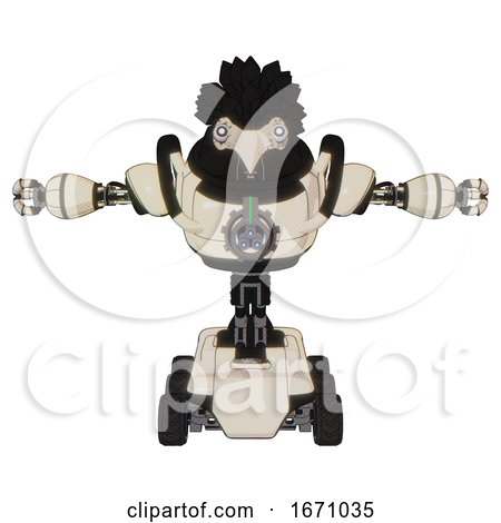 Android Containing Bird Skull Head and White Eyeballs and Crow Feather Design and Heavy Upper Chest and Chest Energy Gun and Six-wheeler Base. off White Toon. T-pose. by Leo Blanchette