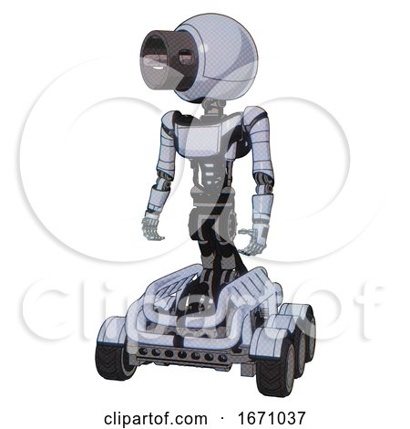 Bot Containing Cable Connector Head and Light Chest Exoshielding and Ultralight Chest Exosuit and Six-wheeler Base. Blue Tint Toon. Standing Looking Right Restful Pose. by Leo Blanchette