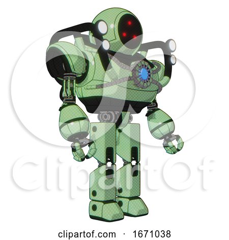 Mech Containing Three Led Eyes Round Head and Heavy Upper Chest and Chest Blue Energy Core and Shoulder Headlights and Prototype Exoplate Legs. Green Tint Toon. Facing Left View. by Leo Blanchette