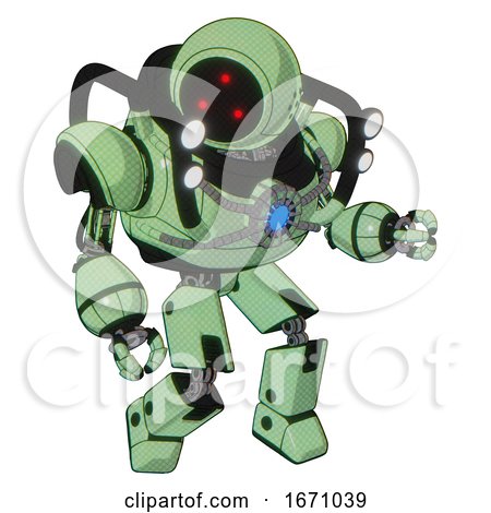 Mech Containing Three Led Eyes Round Head and Heavy Upper Chest and Chest Blue Energy Core and Shoulder Headlights and Prototype Exoplate Legs. Green Tint Toon. Fight or Defense Pose.. by Leo Blanchette