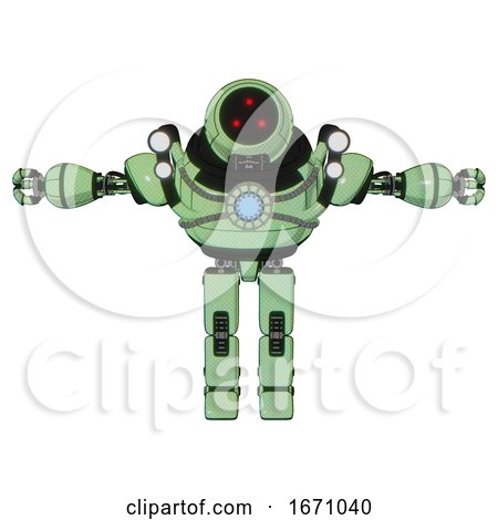 Mech Containing Three Led Eyes Round Head and Heavy Upper Chest and Chest Blue Energy Core and Shoulder Headlights and Prototype Exoplate Legs. Green Tint Toon. T-pose. by Leo Blanchette