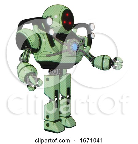 Mech Containing Three Led Eyes Round Head and Heavy Upper Chest and Chest Blue Energy Core and Shoulder Headlights and Prototype Exoplate Legs. Green Tint Toon. Interacting. by Leo Blanchette