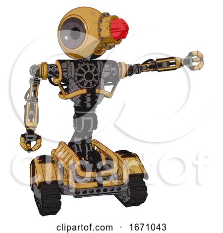 Robot Containing Round Head and Red Laser Crystal Array and Heavy Upper Chest and No Chest Plating and Tank Tracks. Construction Yellow Halftone. Pointing Left or Pushing a Button.. by Leo Blanchette