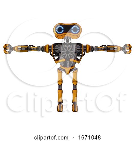 Android Containing Dual Retro Camera Head and Retro 80's Head and Heavy Upper Chest and No Chest Plating and Ultralight Foot Exosuit. Primary Yellow Halftone. T-pose. by Leo Blanchette