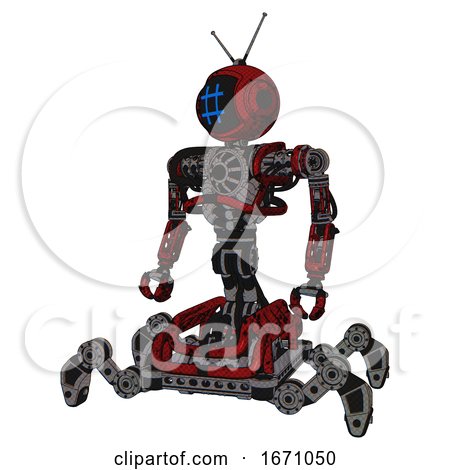 Cyborg Containing Digital Display Head and Hashtag Face and Retro Antennas and Heavy Upper Chest and No Chest Plating and Insect Walker Legs. Grunge Dots Dark Red. Standing Looking Right Restful Pose. by Leo Blanchette