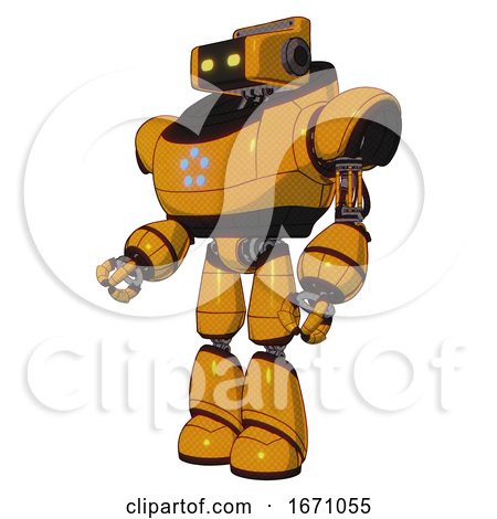 Bot Containing Dual Retro Camera Head and Retro Tech Device Head and Heavy Upper Chest and Circle of Blue Leds and Light Leg Exoshielding. Primary Yellow Halftone. Facing Right View. by Leo Blanchette