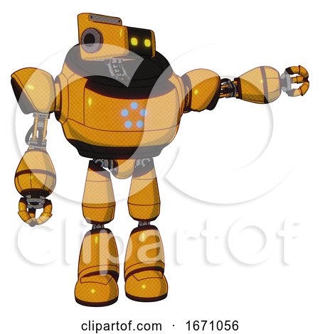 Bot Containing Dual Retro Camera Head and Retro Tech Device Head and Heavy Upper Chest and Circle of Blue Leds and Light Leg Exoshielding. Primary Yellow Halftone. Pointing Left or Pushing a Button.. by Leo Blanchette