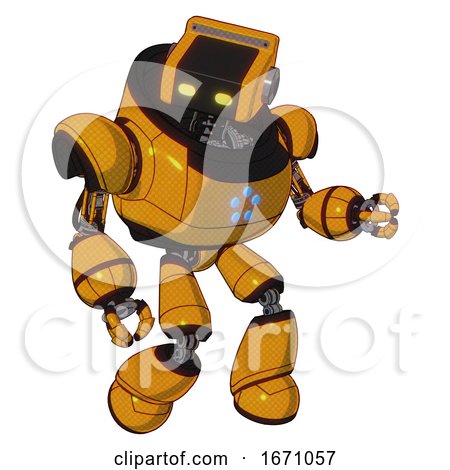 Bot Containing Dual Retro Camera Head and Retro Tech Device Head and Heavy Upper Chest and Circle of Blue Leds and Light Leg Exoshielding. Primary Yellow Halftone. Fight or Defense Pose.. by Leo Blanchette