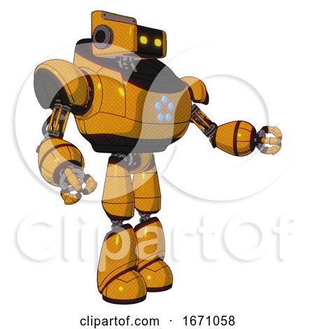 Bot Containing Dual Retro Camera Head and Retro Tech Device Head and Heavy Upper Chest and Circle of Blue Leds and Light Leg Exoshielding. Primary Yellow Halftone. Interacting. by Leo Blanchette