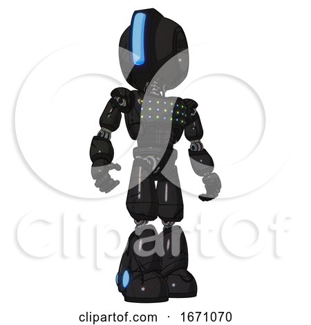 Cyborg Containing Round Head and Large Vertical Visor and Light Chest Exoshielding and Chest Green Blue Lights Array and Light Leg Exoshielding. Toon Black Scribbles Sketch. Hero Pose. by Leo Blanchette