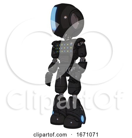 Cyborg Containing Round Head and Large Vertical Visor and Light Chest Exoshielding and Chest Green Blue Lights Array and Light Leg Exoshielding. Toon Black Scribbles Sketch. Facing Right View. by Leo Blanchette